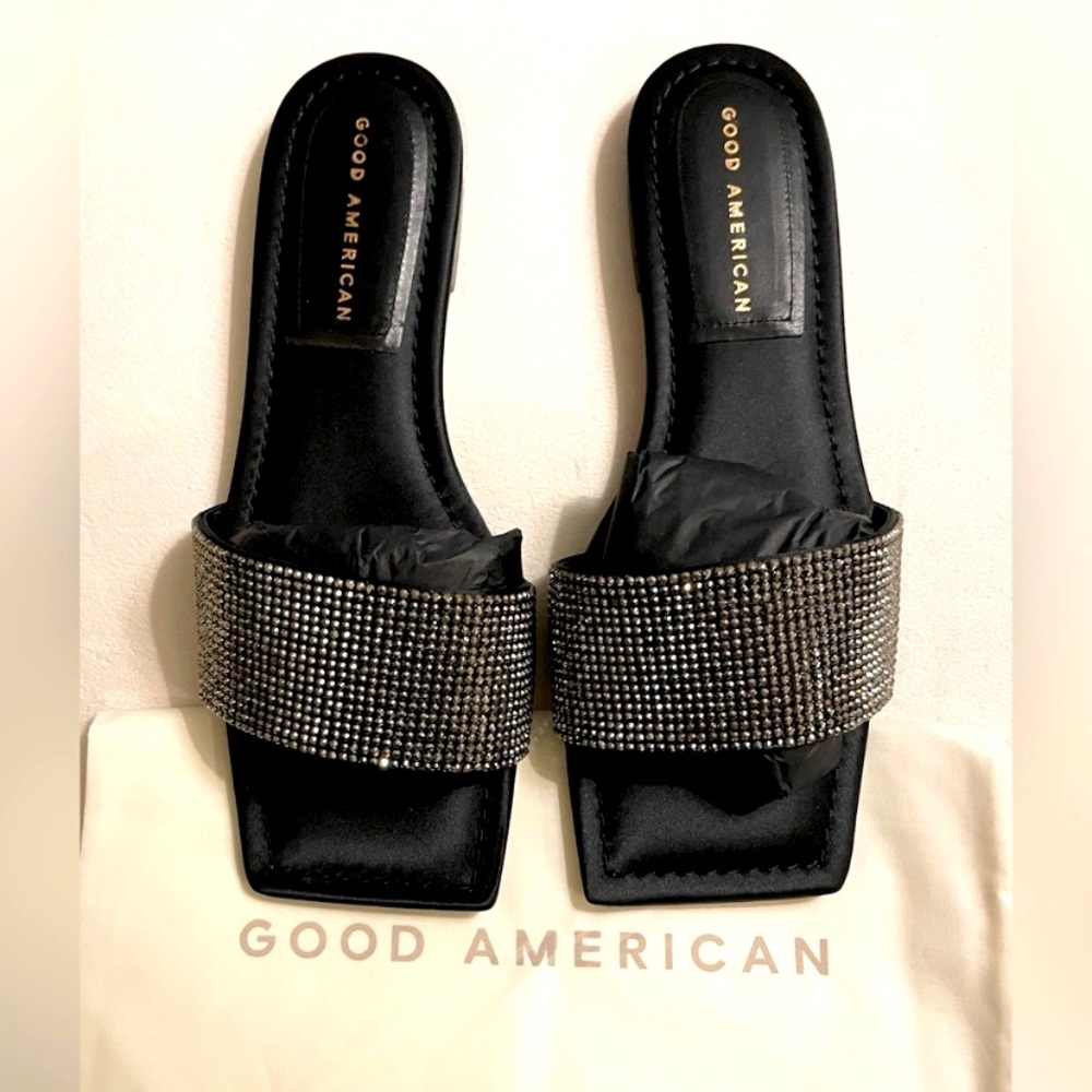 NIB Good American Slide Sandal Mules Black Diamond Size 7 With Dust Bag & Box
